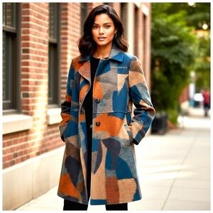 Renuar Women’s Abstract/Southwest Mid-Length Wool Pea Coat. Medium. Like-New